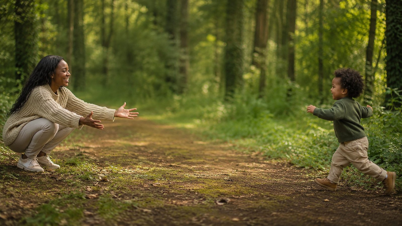 A mother crouches with open arms on a woodland path as her toddler runs joyfully toward her.